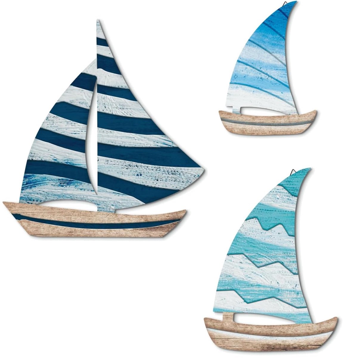 Zeilboot Wanddecoratie 3-delige set - nautische stijl houten look wanddecoratie voor woonkamer, slaapkamer, badkamer, hal, vakantiehuis - blauw