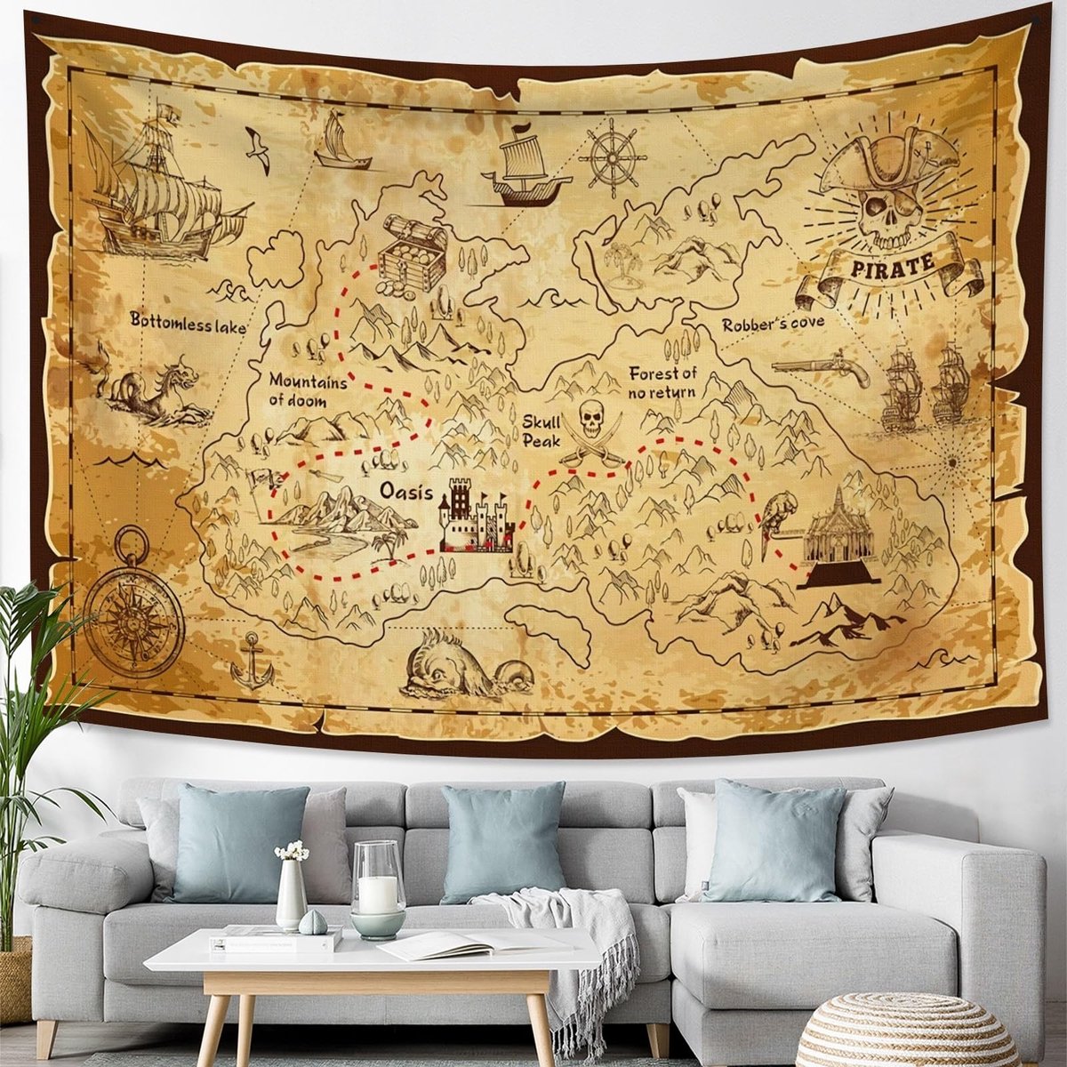 100x70cm Kaart Tapijtwerk, Westerse schatkaart Eilandroutekaart Piraten Handgeschilderde Gouden Geheime Kaart Zeenavigatietapijt voor Slaapzaal Decor Slaapbankhoes Deken E-Lesson