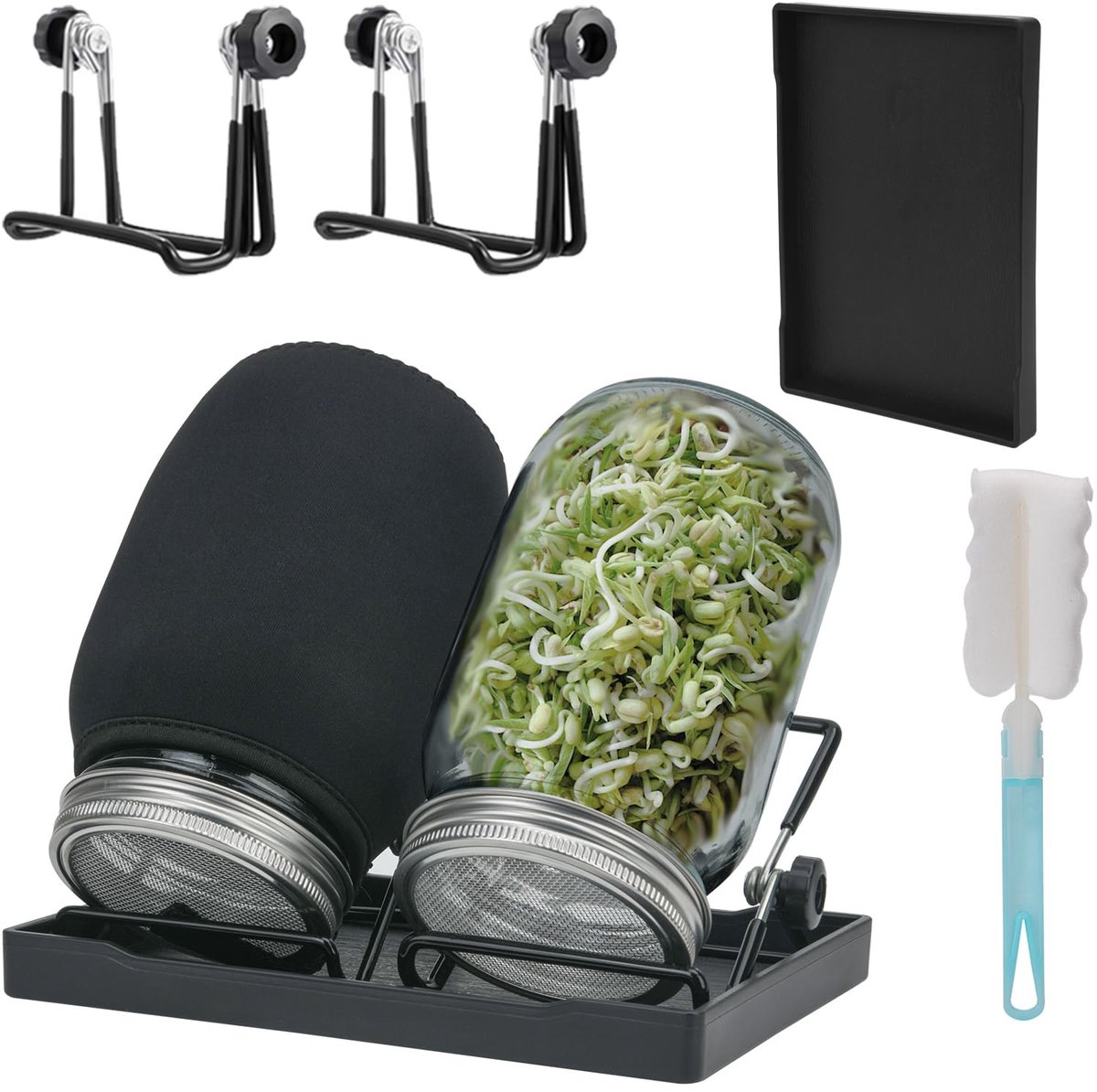 kiempot, set van 2 kiemglazen, kiempot met deksel, zeef en afvoerschaal, kiemapparaat voor Alfalfa Kresse Broccoli Mungobohnen