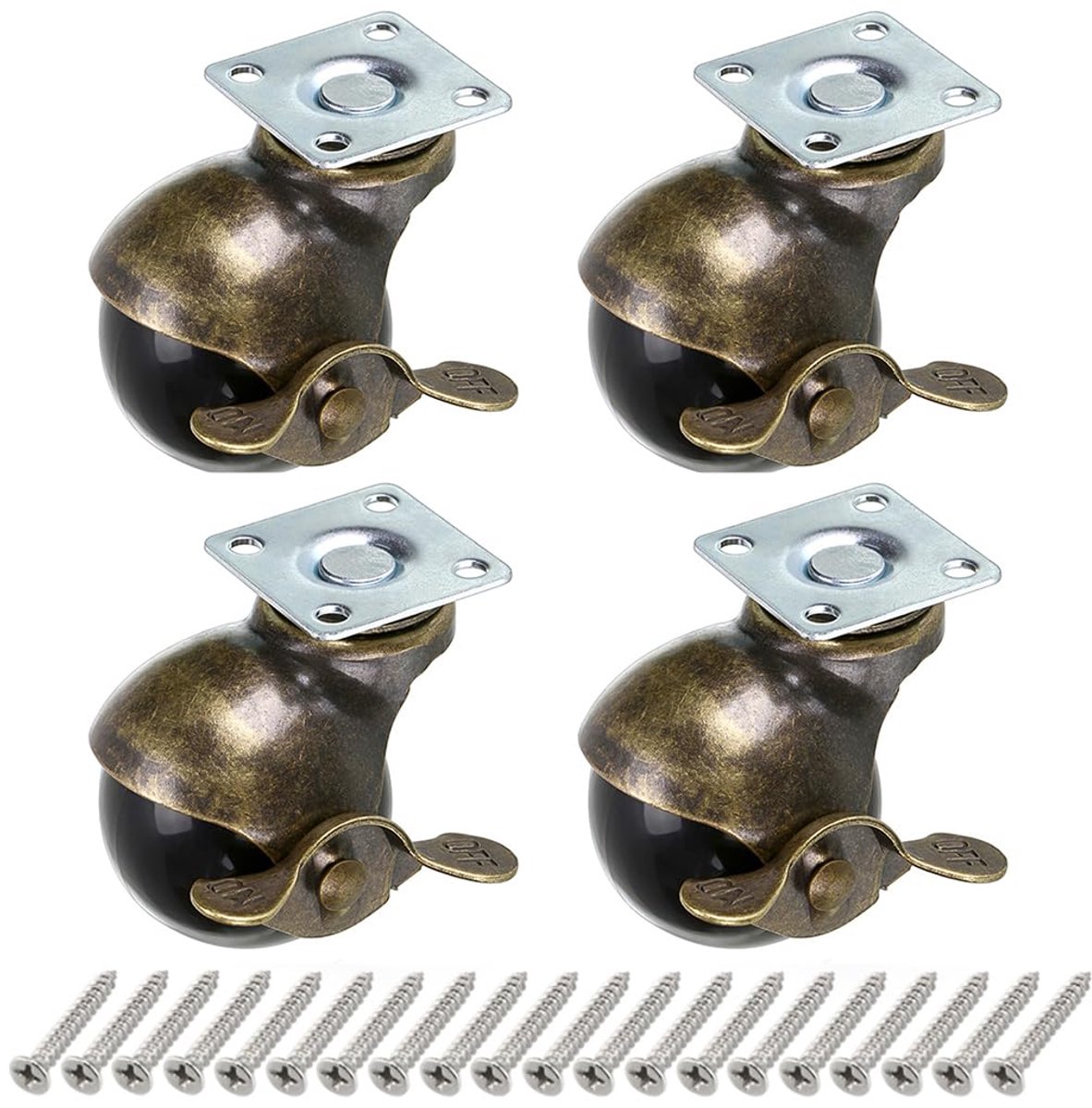 4 stuks wielen met schijven, 40 mm meubelwielen met remmen, antieke kogelwielen voor meubels, kast, opbergkist, salontafel, draagvermogen 22,7 kg per zwenkwiel