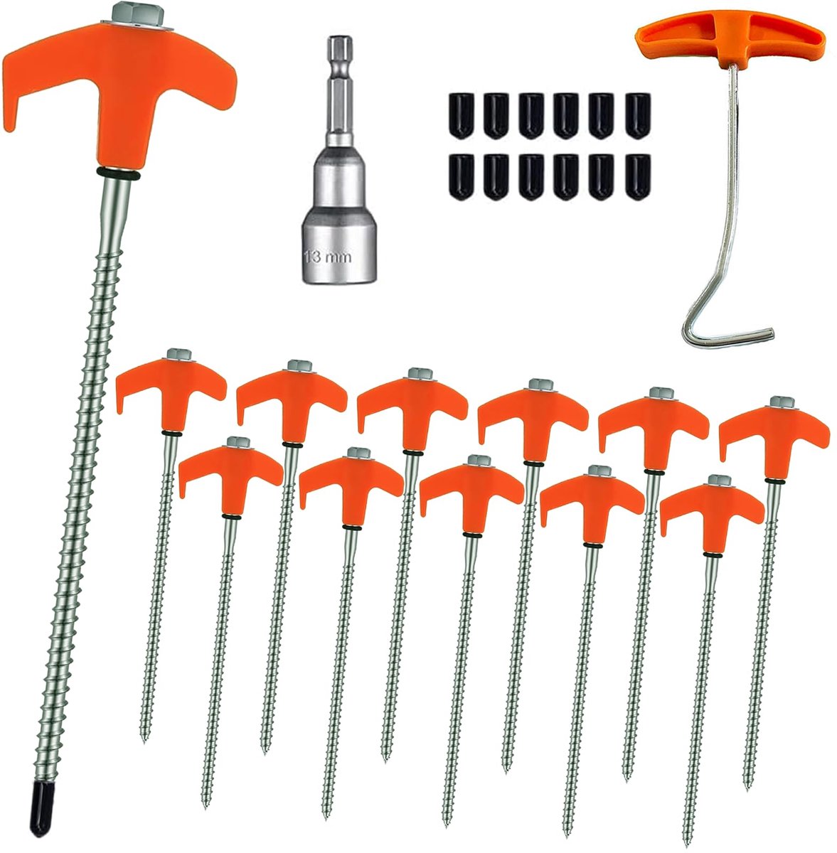 Tentharingen, 20 cm zwaar belastbare roterende tentharingen, gemaakt van stalen grondankers met trekker, zeshoekige socket met schroefdraad voor kamperen, buiten, bos, gras