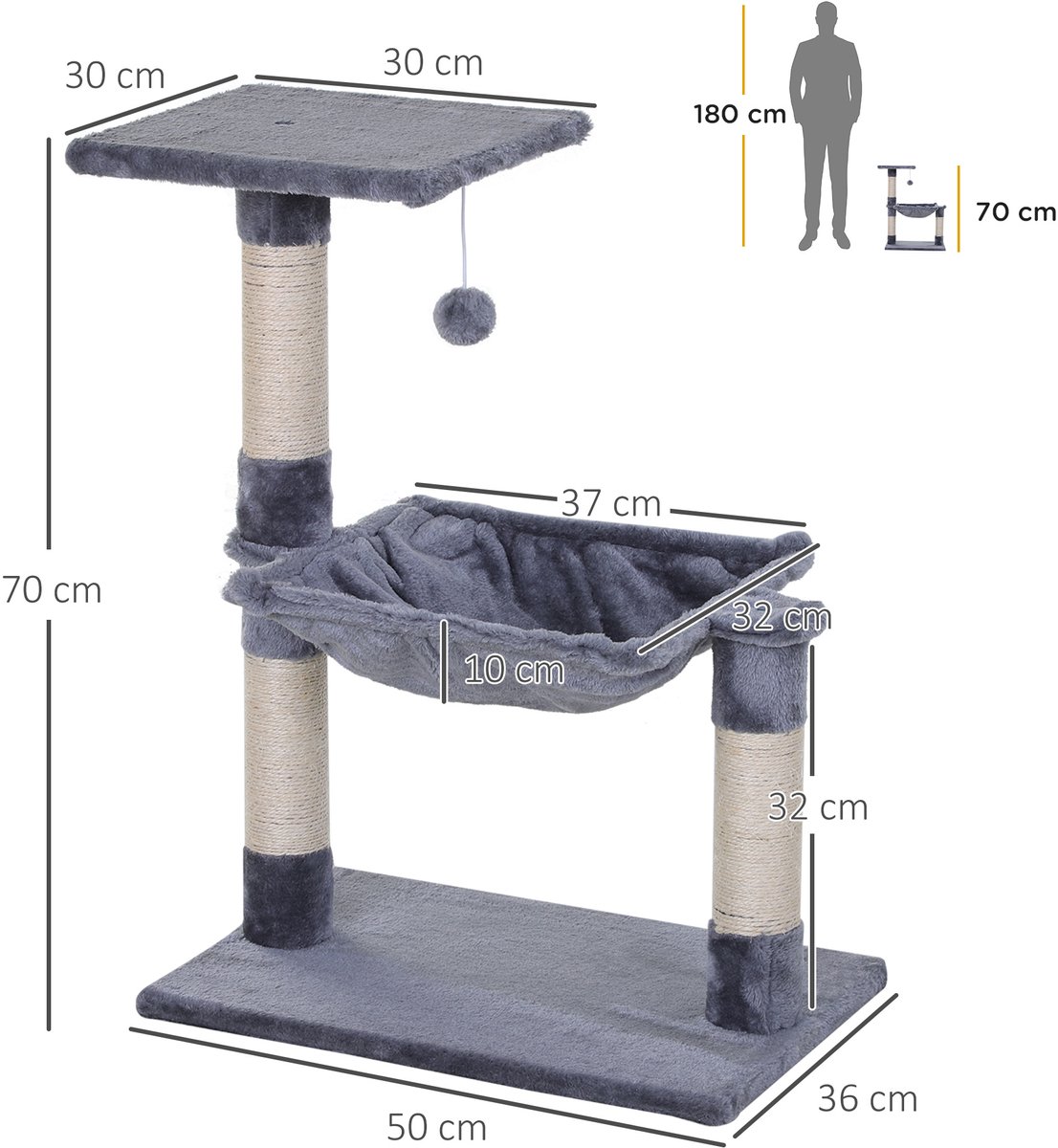 Kattenboom 70 cm Kleine kattenboom met pluche bal, sisalpaal, groot platform, hangmat, krabpaal, klimboom, voor kleine katten, grijs – foto 4