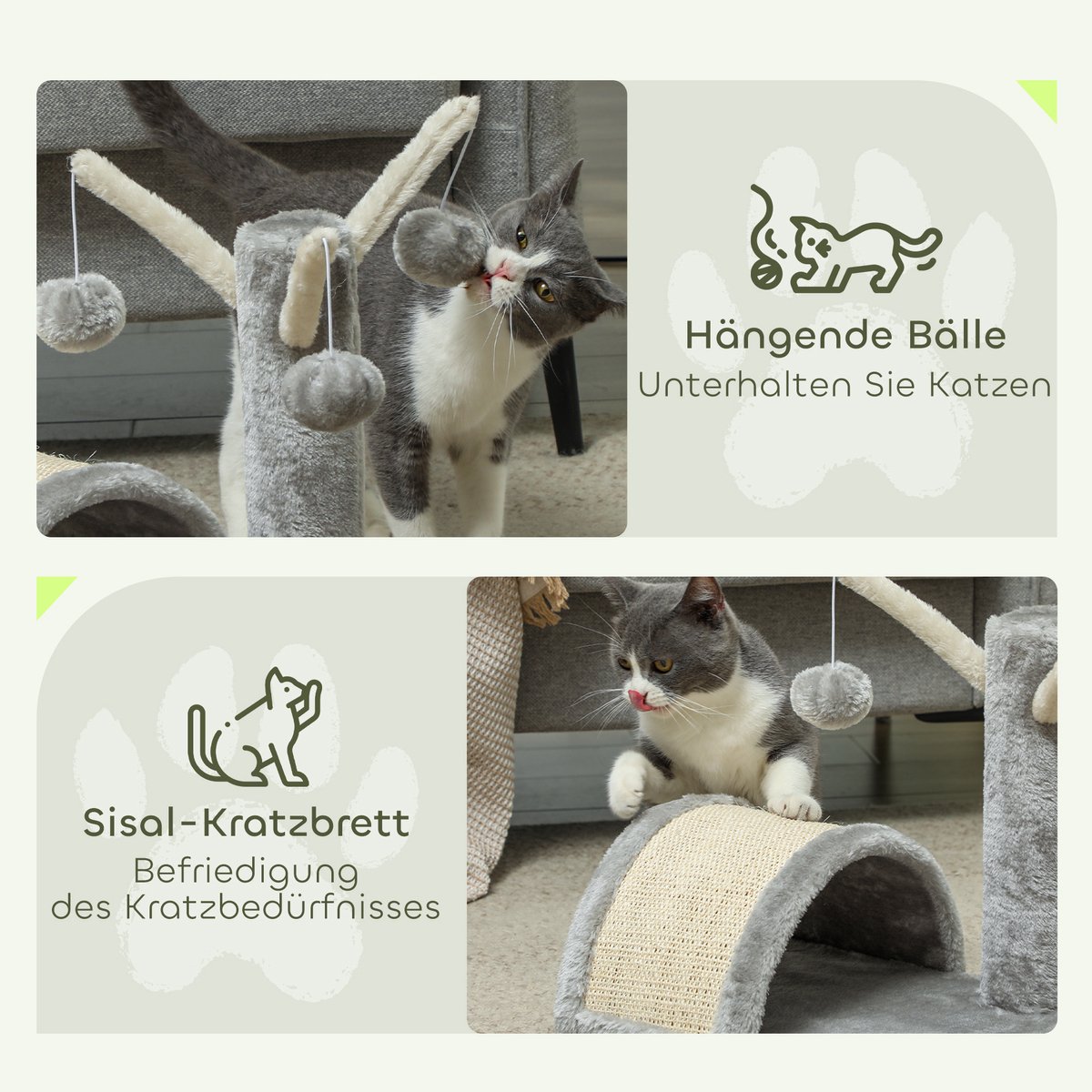 Kattenboom, 40 cm: kleine kattenboom met grot, 2 speelballen, krabmat, krabpaal, klimboom, voor kleine en grote katten, lichtgrijs – foto 7