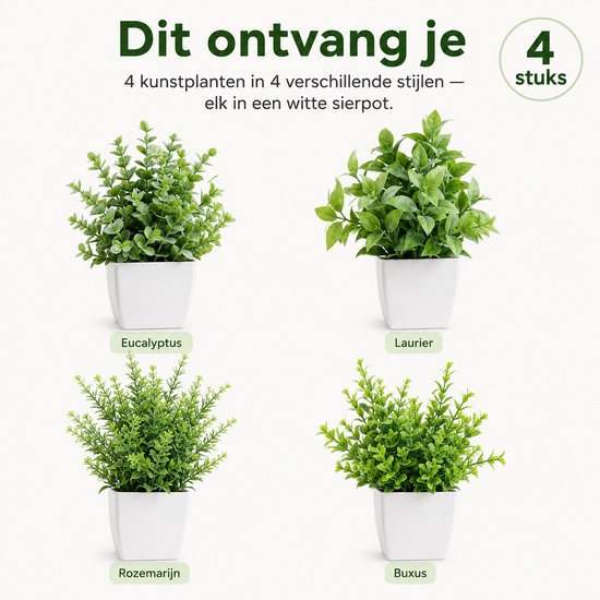 Vier verschillende kunstplanten in witte potten: Eucalyptus, Laurier, Rozemarijn en Buxus. Getoond met hun namen.