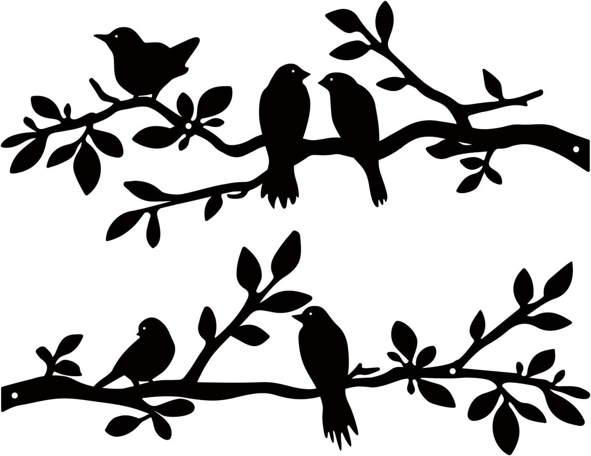 2 stuks metalen vogels muurkunst, metalen levendige vogels op tak silhouet wanddecoratie zwarte bladeren met vogel buiten hangende muursculptuur voor thuis balkon tuin binnen buiten (zwart)
