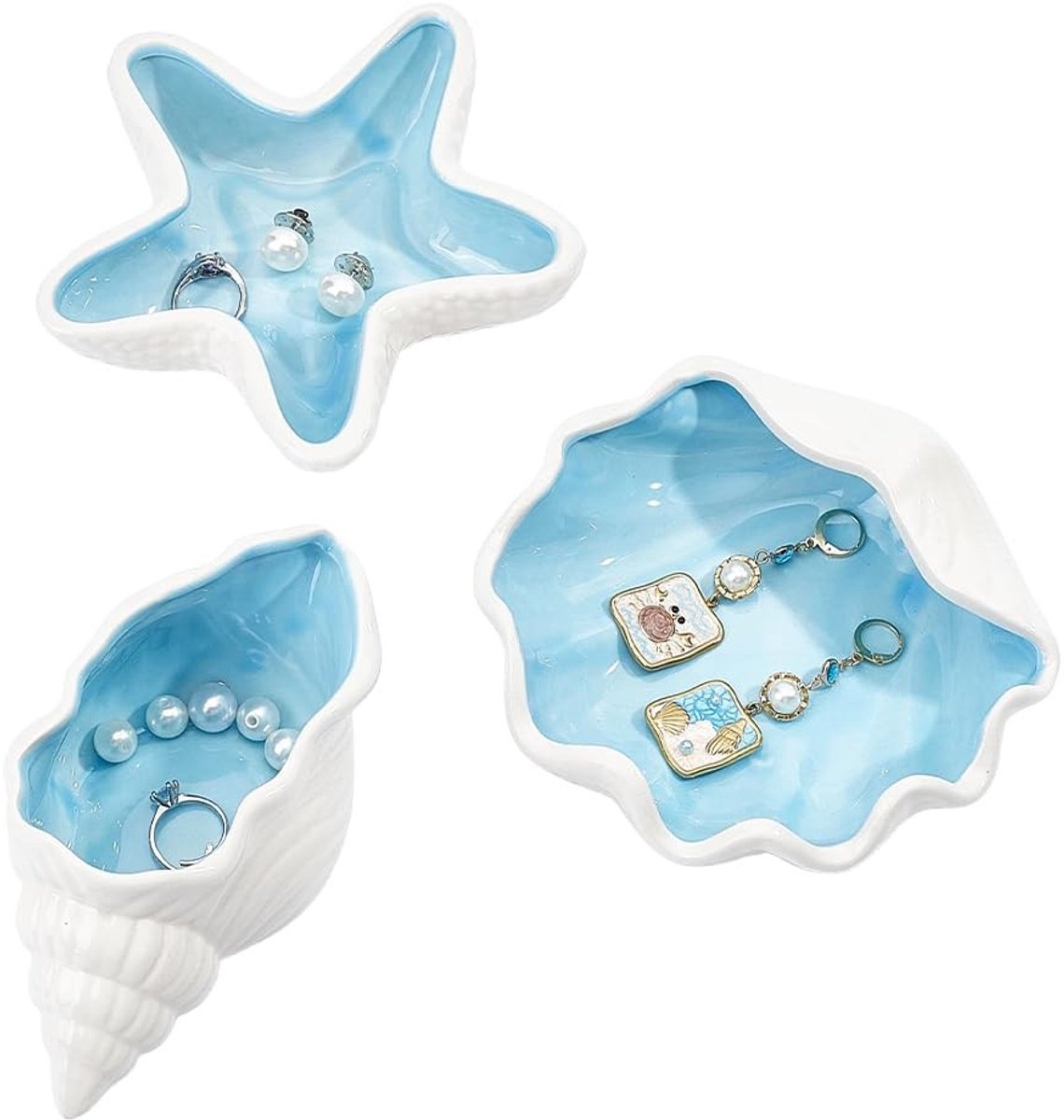 Dailygoods- Sieradenhouder Oceaan Thema - Keramische Sieraden Kom - Decoratieve Opbergkommen - 3 Stuks - Uniek Vormgegeven - Multifunctionele Opslag - Opbergkom