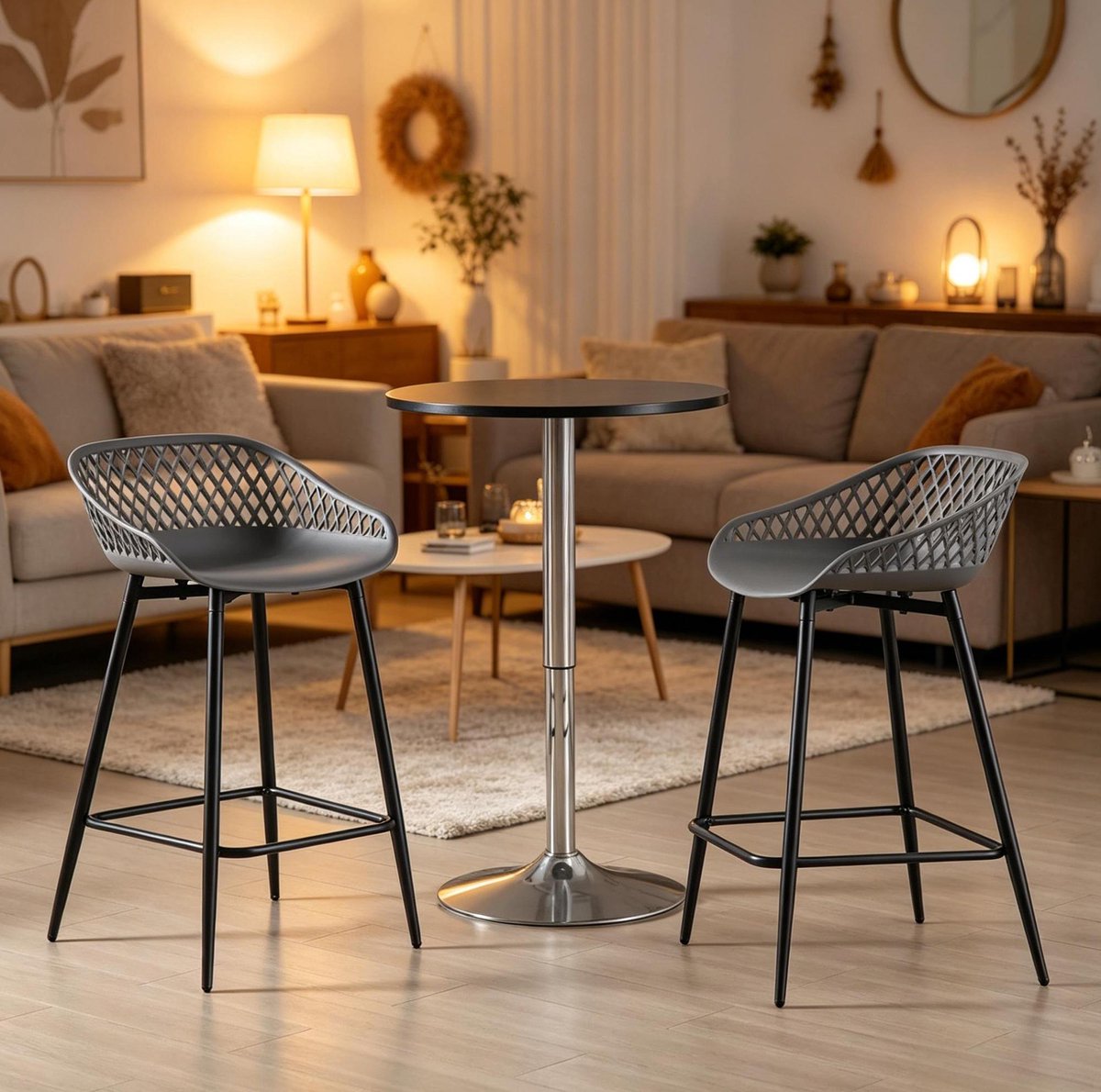 MIVRAY Barkruk 47 x 84 x 48,5 cm - Set Van 2 Met Rugleuning En Voetsteun - Voor Keukenbar En Bistro - Kunststof En Metaal - Grijs