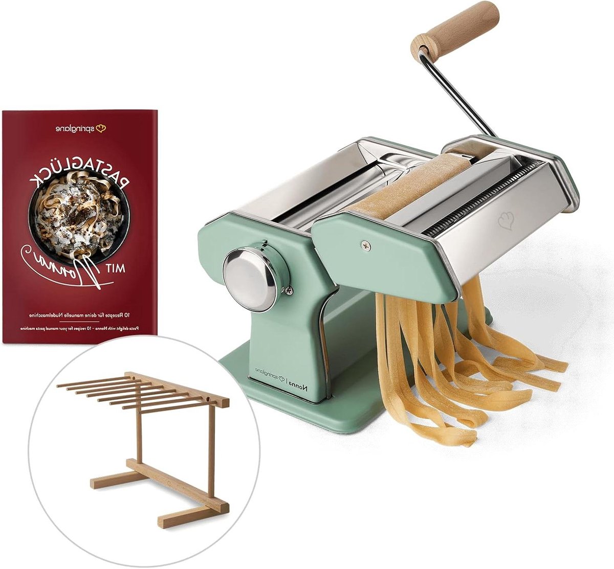Handmatige Pastamachine - Pastamaker Keuken - Zelf Pasta Maken - 9 Deegdiktes Instelbaar - Incl. Pastadroger - Munt Groen