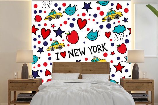 Behang - Fotobehang New York - Tekening - Rood - Breedte 300 cm x hoogte 300 cm