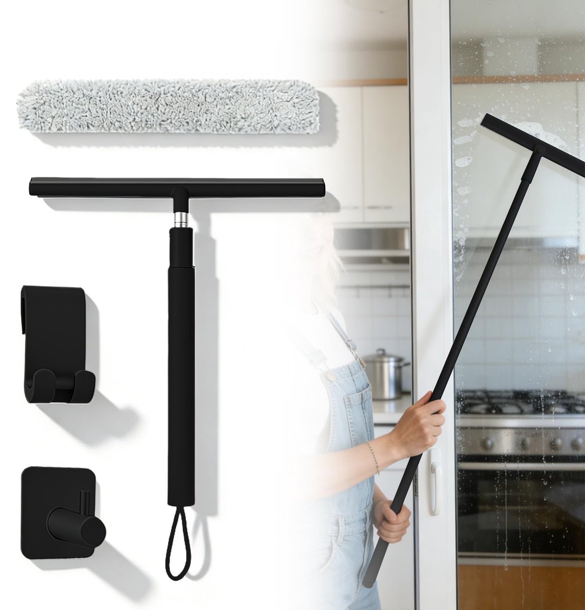 Douchewisser met lange steel, 30-120 cm, verstelbare douchewisser met houder, douchewisser met zuignap, waterschuiver, vloerwisser, raamwisser voor glas, tegels, ramen, spiegels (zwart)