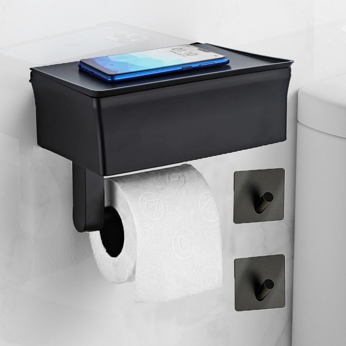 Toiletpapierhouder met doekjeshouder, klopapierhouder zonder boren, toiletrolhouder, rollenhouder Toiletpapierhouder met opbergvak voor badkamer, zelfklevend of met boren, zwart