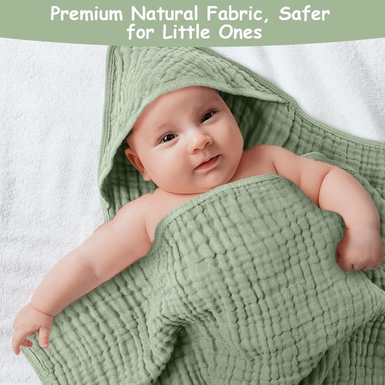 Zachte en Super Absorberende Baby Badcape met Kap, 80x80 cm, Crepe Katoen, Unisex, Ideaal voor Kinderen en Baby's in Bubble Sand Groen — afbeelding 4