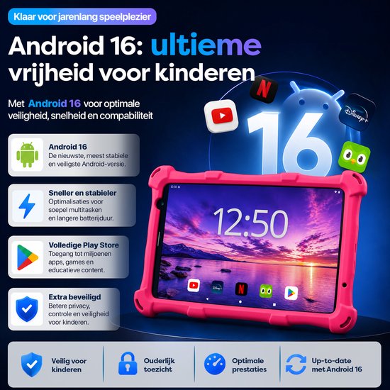 Tablette enfant AngelTech PRO MAX - Tablette enfant 8 pouces la plus rapide du marché - 4 Go de RAM - 64 + 64 Go de stockage - Perfect pour École - Contrôle parental - Aussi pour Adultes - Housse de protection Fidgy 360° - Rose ou Blauw