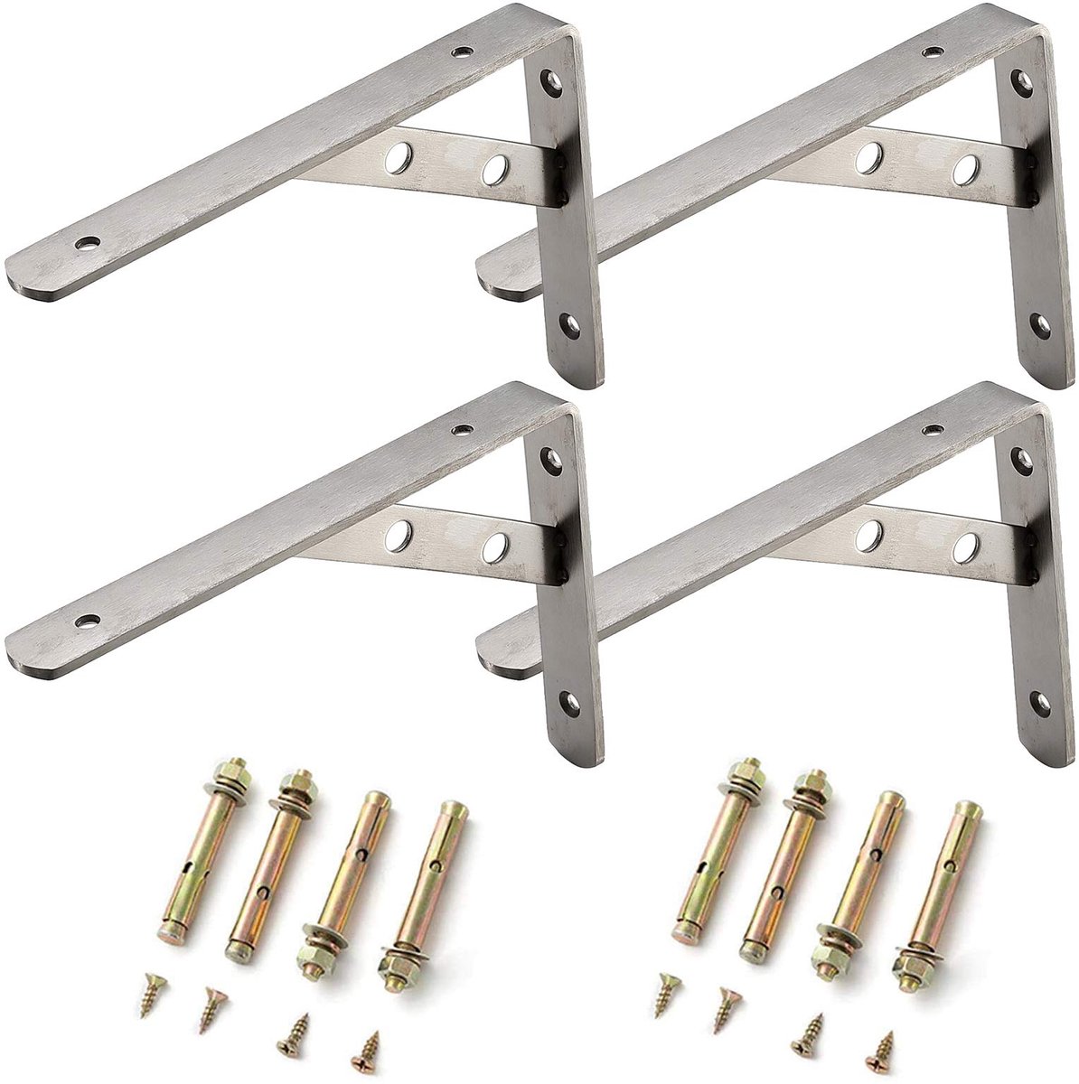 Console voor zware lasten, 250 x 150 mm, 4 stuks dragers voor zware lasten van 4 mm dik, roestvrij staal, plankdrager, hoekdrager, metaal, plankhoek, plankhouder met schroeven en pluggen, zilver