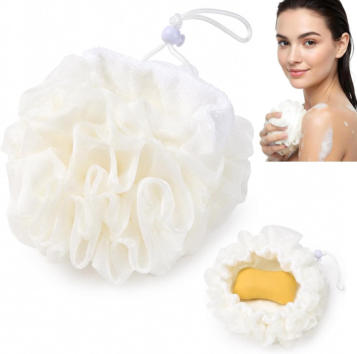 Zachte loofah douchespons met zeepzakje, ideale badspons voor mannen en vrouwen, inclusief zeepdoosje voor onderweg en natuurlijke zeepopties