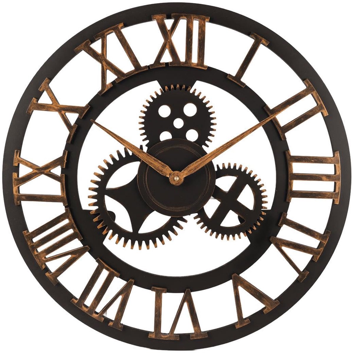 Klok XXL 60 cm – Grote Zwarte Klok met Romeinse Cijfers & Decoratieve Tandwielen – Stil Kwartsuurwerk – Vintage Design voor Woonkamer, Keuken of Kantoor