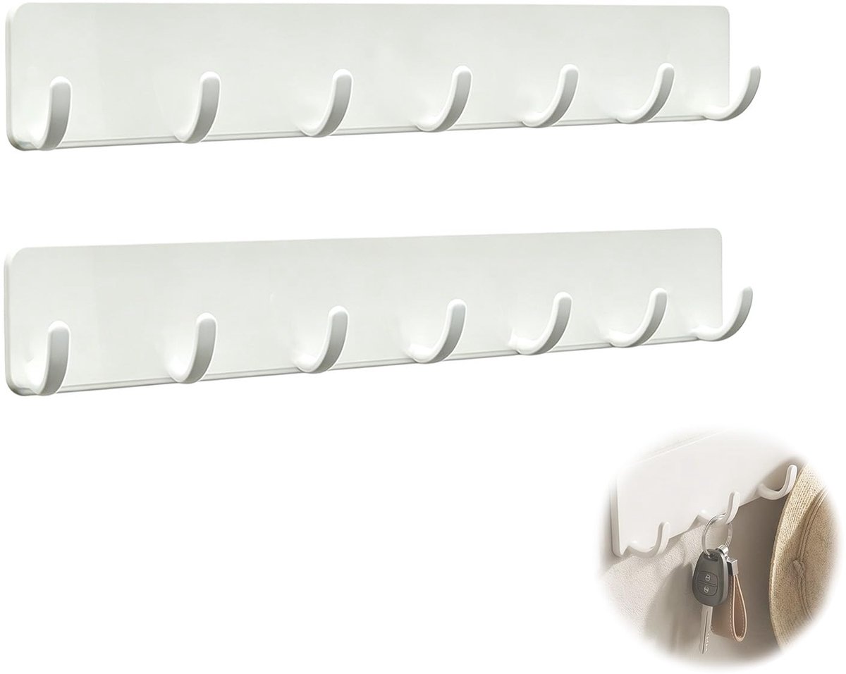 Sleutelrek zonder boren, set van 2 sleutelhaken met 7 haken per stuk, sleutelhouder met sterke kleverige lijm zonder resten, moderne sleutellijstset voor woonkamer, keuken, thuis, wit