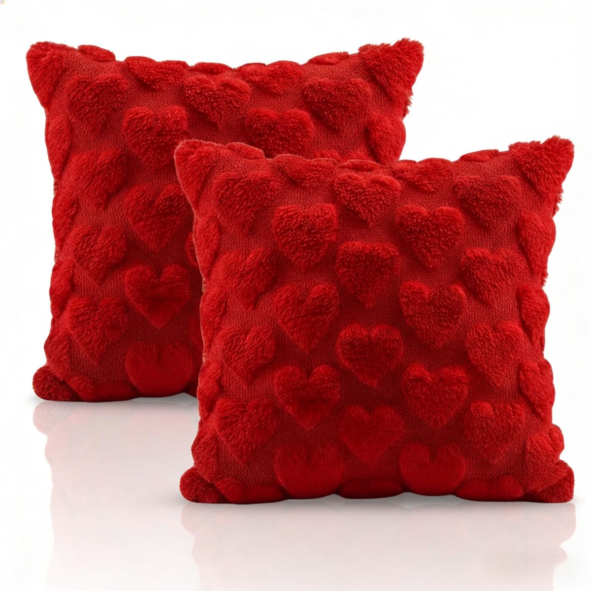 Set van 2 kussenslopen voor Valentijnsdag, 45 x 45 cm, hartkussenovertrekken, rood hart, decoratie, pluche kussenovertrekken, Valentijnsdag, voor woonkamer, slaapkamer, bank, decoratie
