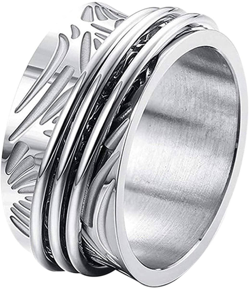 JewelryWe Sieraden Fidget Angst Ring Dames Retro Maan Sterren Roestvrij Staal Draaibare Anti Stress Band Ring met Gravure, Zilver
