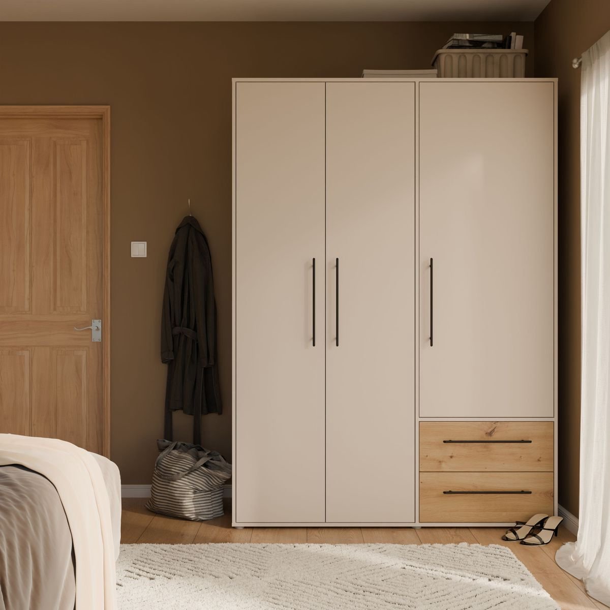 MOKKARIS – 144,4 cm – kledingkast – 3 deuren – 3 planken