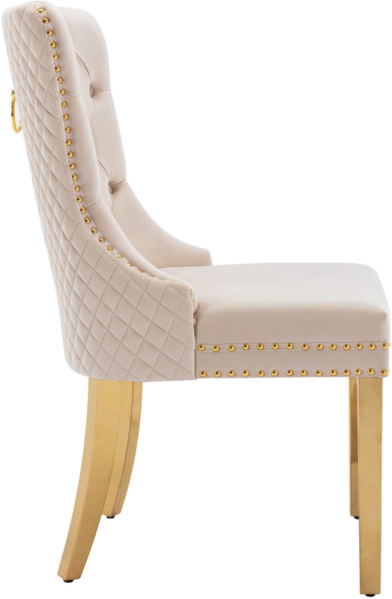 DESMIU Eetkamerstoel – Normale Eetkamerstoel – Set Van 2 – Gestoffeerd Met Deurklopper, Nagelkopbeslag En Hoge Rugleuning – Voor Eetkamer, Keuken En Woonkamer – Velvet Beige