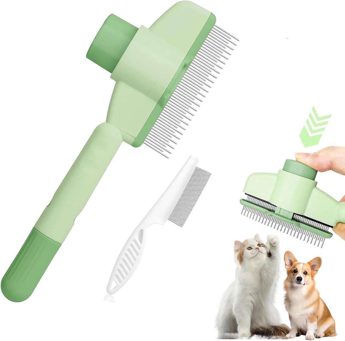 huisdierkam met zelfreinigende functie, vlooienkam voor honden, met ontgrendelingsknop, verwijdert soepel knopen en vlooien