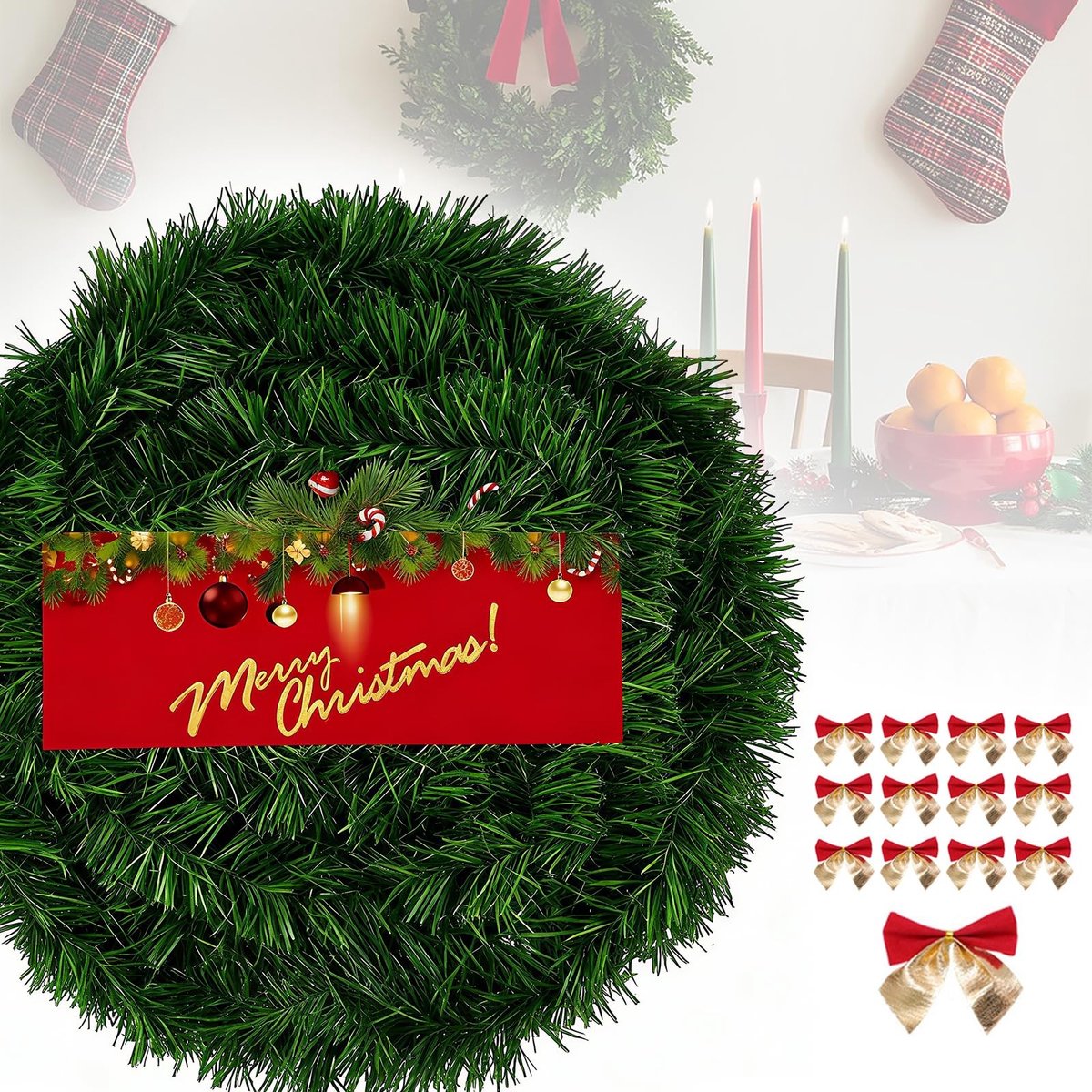 Dailygoods - 10 m Kerstslinger met 45 Kerststrikken - DIY Dennenslinger voor Feesten