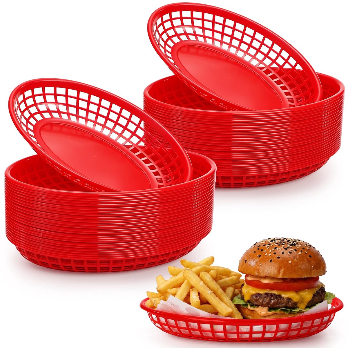 50 Pack Ovale Voedselmand Herbruikbare Plastic Fastfood Diner Mand voor Chip Friet Burgers