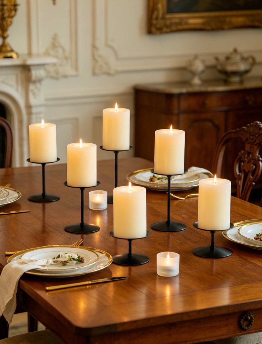 Zwarte kandelaars voor pilaar - Set van 6 metalen kandelaars standaard ijzeren plaat kerst advent deco modern huis schoorsteenmantel eettafel decoraties middelpunt voor bruiloft, feest