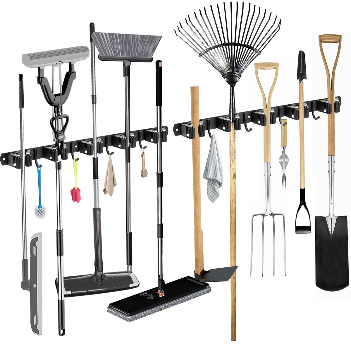 Dailygoods- Bezemhouder Zware Belasting - Wandhouder voor Tuingereedschap - Gereedschapswand - 10 Houders + 8 Haken - Roestvrij Staal - Voor Keuken/Badkamer/Garage - Gereedschapshouder