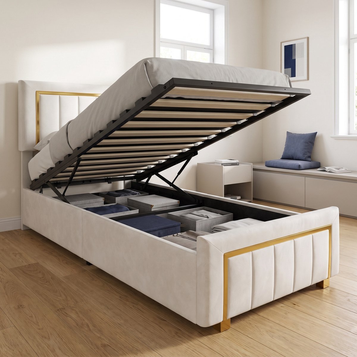 Gestoffeerd Opbergbed 90x200 cm - Eenpersoonsbed met met hydraulische opbergruimte en lattenbodem - Fluwelen bed - Beige