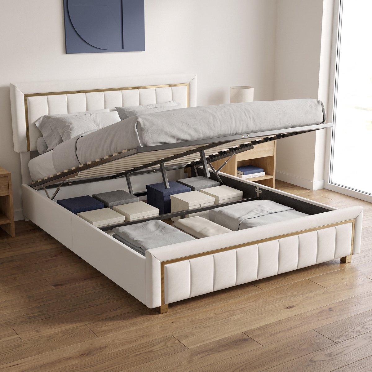 Mofor Gestoffeerd Opbergbed - Tweepersoonsbed 140x200 cm - met hydraulische opbergruimte en lattenbodem - Fluwelen bed - Luxe stijl - Beige