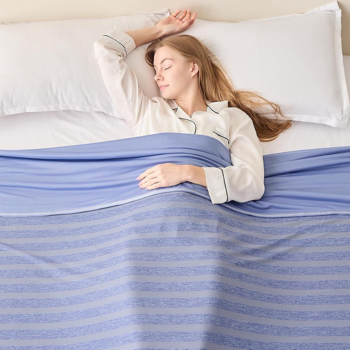 Koeldeken voor de zomer, Q-Max > 0,4 nacht zweten 274 x 228 cm, gooi deken dun lichtgewicht, koel koel ademende zomerdeken, kingsize bed, bank, stoel, gestreept blauw