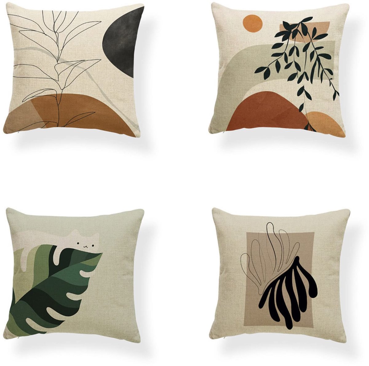 Kussenhoes, 4 stuks 65 x 65 cm linnen kussensloop dubbelzijdige vierkante kussenslopen decoratieve kussenhoes voor bank bed auto woonkamer (groene bladeren) met onzichtbare rits (26 x 26 inch)