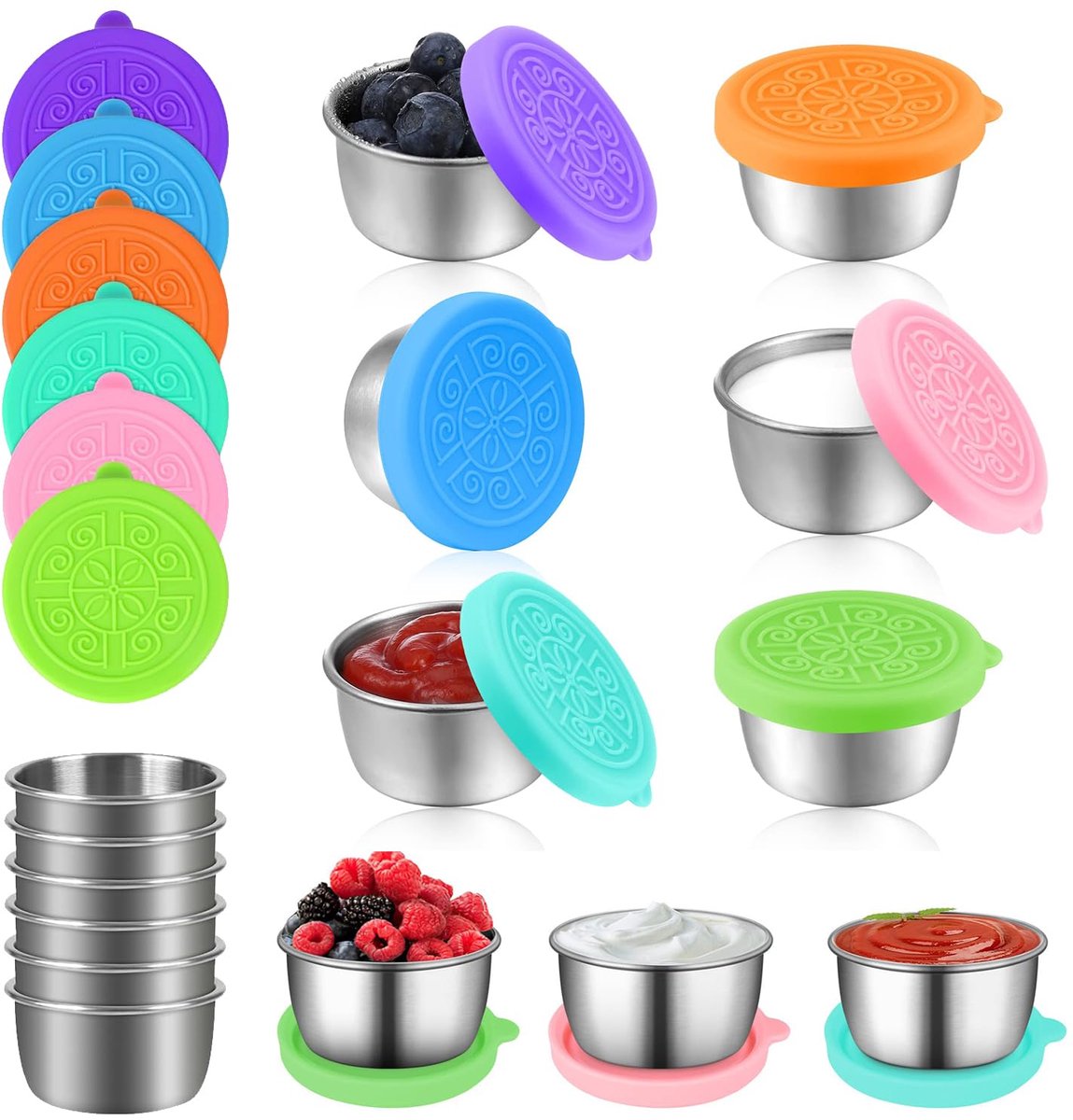 6 stuks mini-blikjes met deksel, kleine blikjes met siliconen deksel, saladedressingbakjes, met siliconen deksel, lekvrij, voor snacks, dipsauzen, salades, kruiden, bento box-accessoires, klein blikje