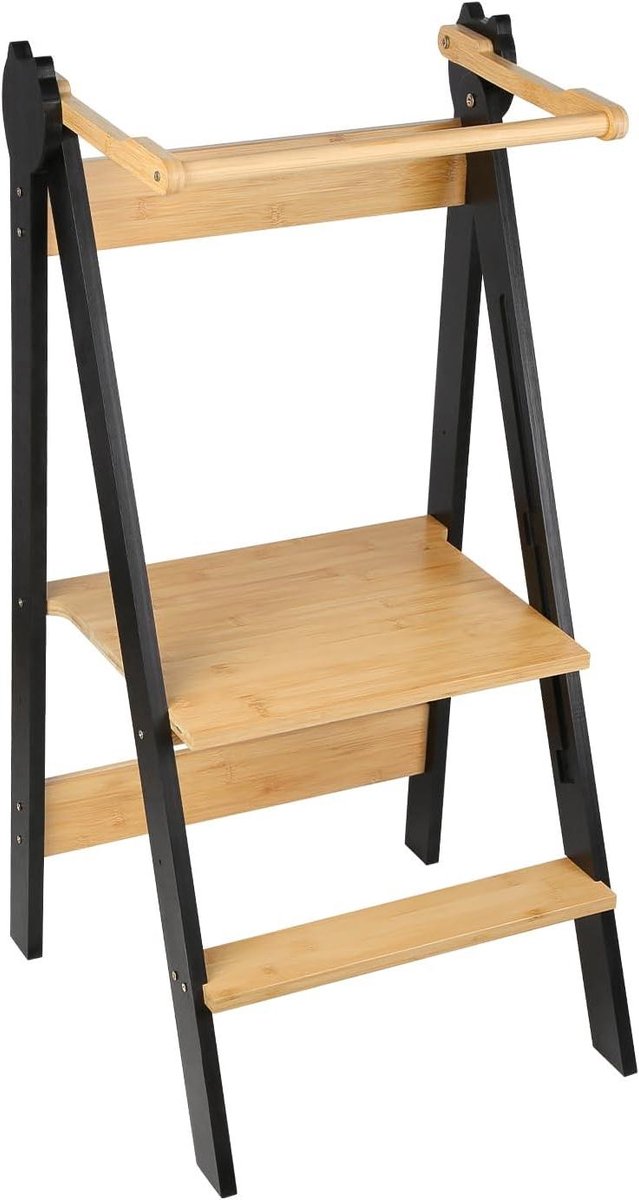 Montessori Leertoren - Kinderkeukentoren Opstapje - Kinderen Helpen Keuken - Opvouwbaar Veilig Ontwerp - 88 cm Hoog - Bamboe Zwart