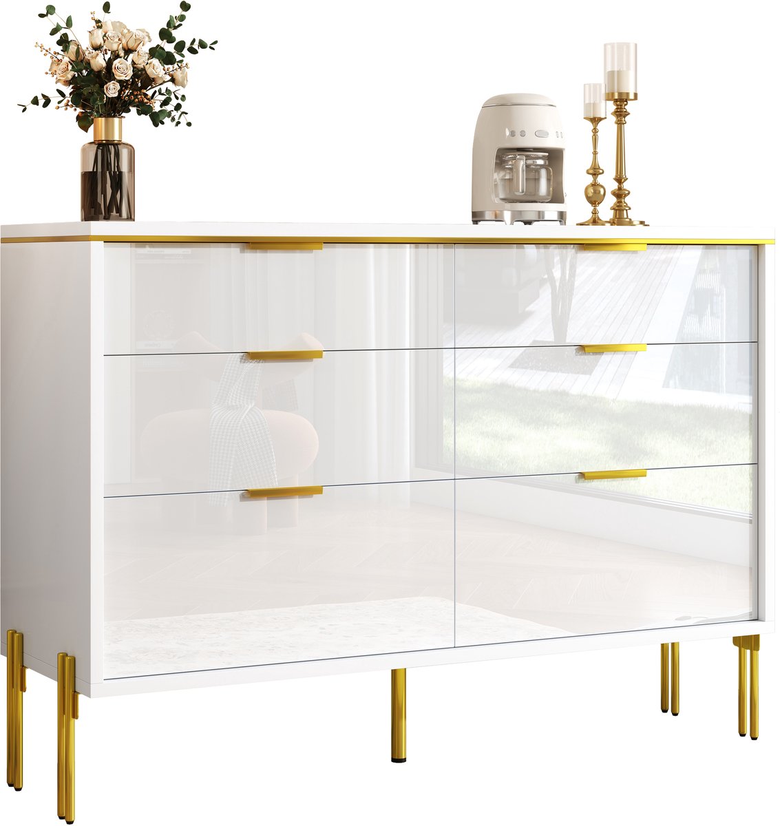 Kommode - wit/goud - 6 laden met hoogglans - aflopende ladehoogtes - gouden poten & handgrepen