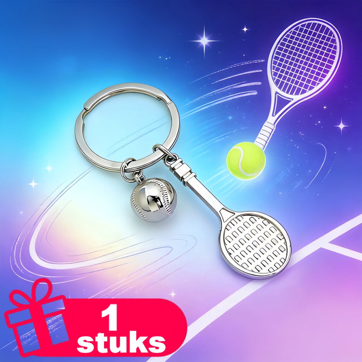 Decopatent - Premium Keychain - Metalen Tennis Sleutelhanger - Tennisracket & Tennisbal - Sleutelhanger Zilverkleur - Cadeau voor Tennisliefhebber