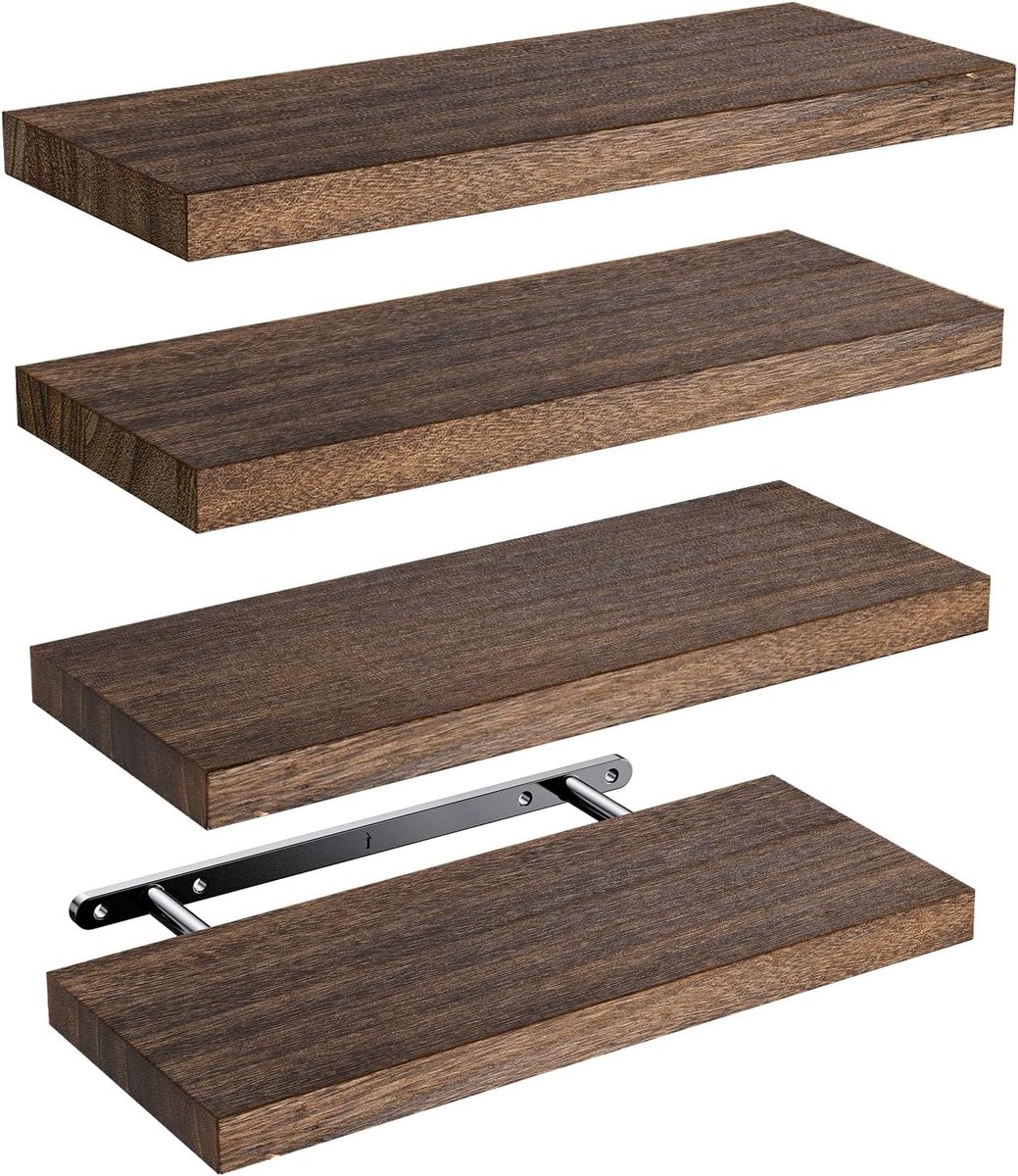 Paulownia Wandrek, hout, 40 cm, keukenrek, hangend, zwevend rek, houten rek, set van 4 houten planken voor badkamer, slaapkamer, kantoor, woonkamer, keuken enz. (bruin)