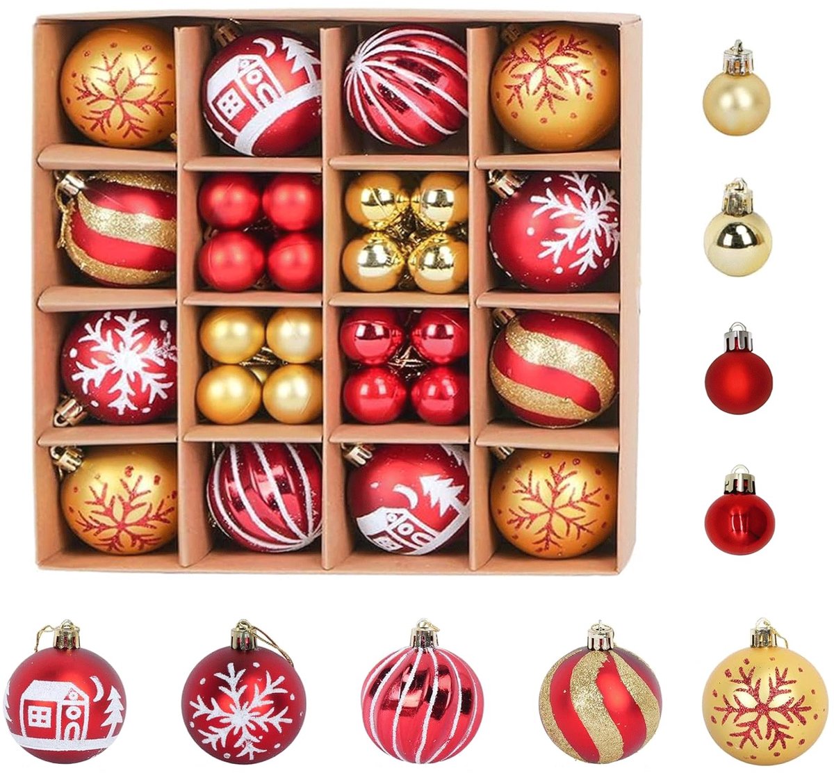 Kerstballen kunststof set kerstboomversiering met ophanghaakjes, kerstboomversiering, ballen, kunststof boomversiering voor kerstboomdecoratie, rood en goud