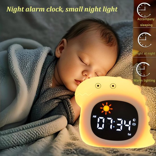 Wekker met nachtlampje, oplaadbare siliconen lamp wakker witte ruis klok schattige cartoon dier desktoplamp, digitale display elektronische klok. (Hond) — afbeelding 5