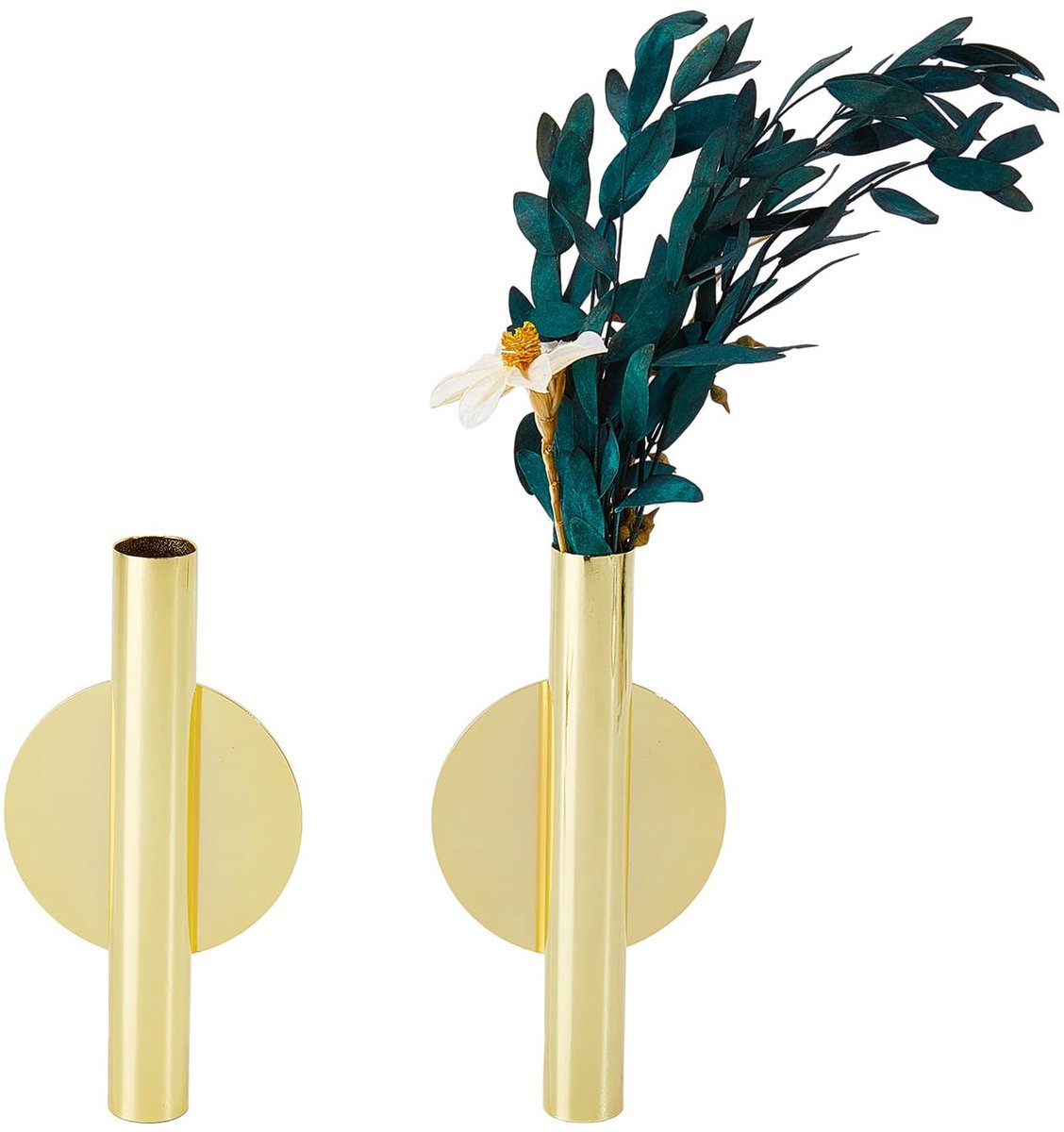 2 stuks wandvazen voor bloemen, gouden bloemenvaas metalen hangende plantenhouder, kleine gouden vaas bloemen buis, muur plantenbak hangende vaas voor moderne woondecoratie display