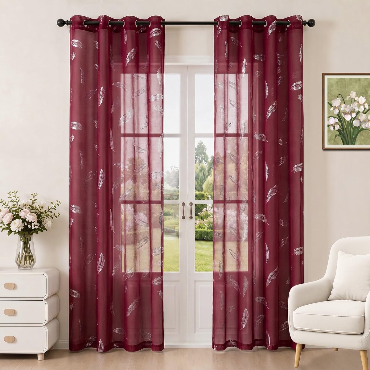 Gordijnen 140x225 CM, Modern Verenmotief In Zilverfolie, Semi-Transparante Elegante Gordijnen Met Metalen Ringen, Geschikt Voor Slaapkamer En Woonkamer, Bordeaux