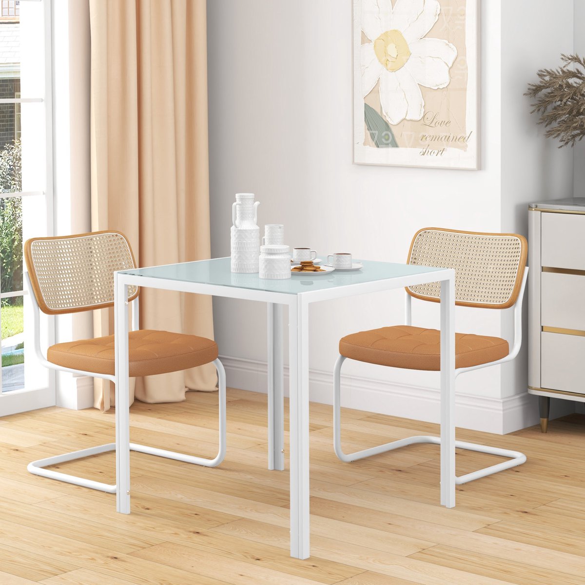 MEUNIQ vierkante eettafel 75 x 75 x 75 cm met glasblad en metalen frame, voor 4 personen, compacte keukentafel en eettafel voor eetkamer of keuken, wit