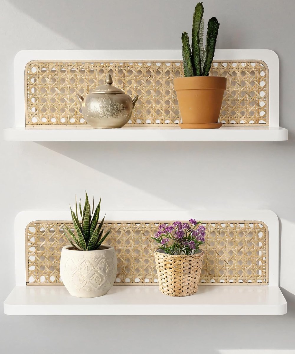 Wit Boho 2 Set, Rattan Wandplanken, Rustieke Moderne Wanddecoratie van Hout, Wandgemonteerde Opbergplanken voor Woonkamer, Kinderkamer, Slaapkamer