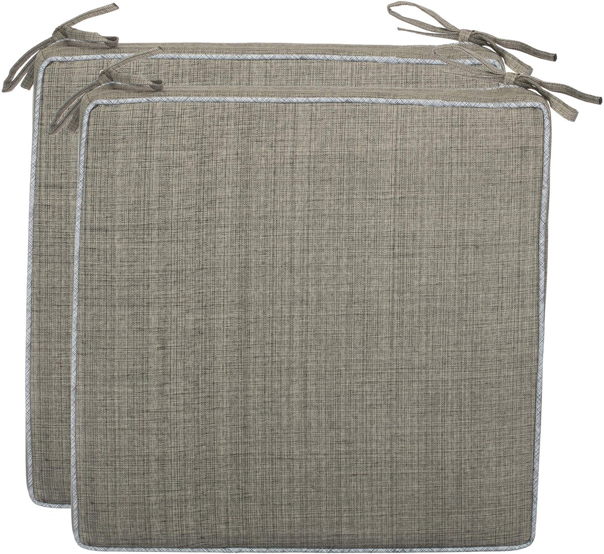 set van 2 zitkussens 40x40x4 cm – Water- en vuilafstotende stoelkussens met bindbanden in linnenlook – Voor binnen en buiten – Tuin, terras, keuken – Taupe