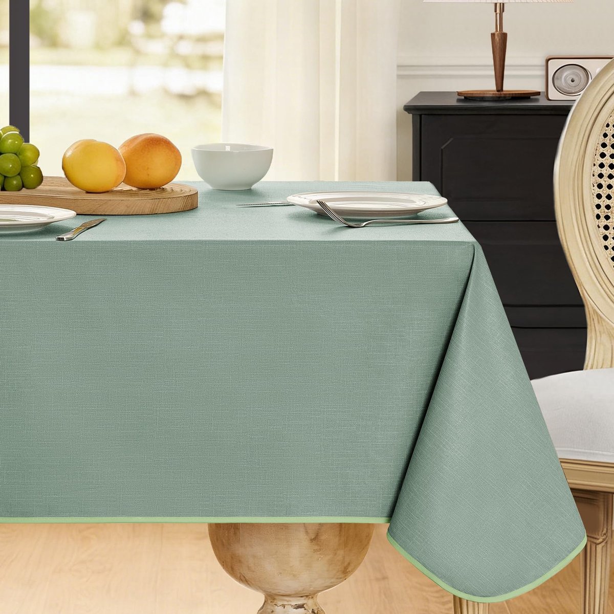 Tafelkleed met zoom, linnenlook, 240 x 140 cm, groen, outdoor tafelkleed, weerbestendig, waterdicht, tuintafelkleed, rechthoekig, voor lente, buiten, zomer, knutseltafel, picknick, feest