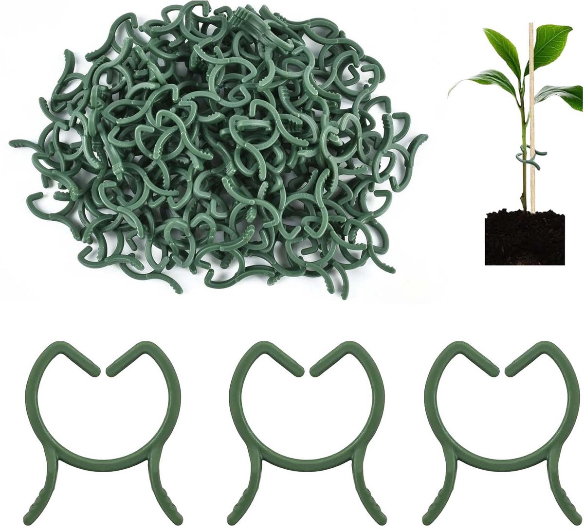 100 stuks herbruikbare plantenclips groen - Klein Plantenklemmen ter ondersteuning van tomaten, komkommers, klimplanten - Kunststof plantensteunclips voor groenten, fruit en bloemen