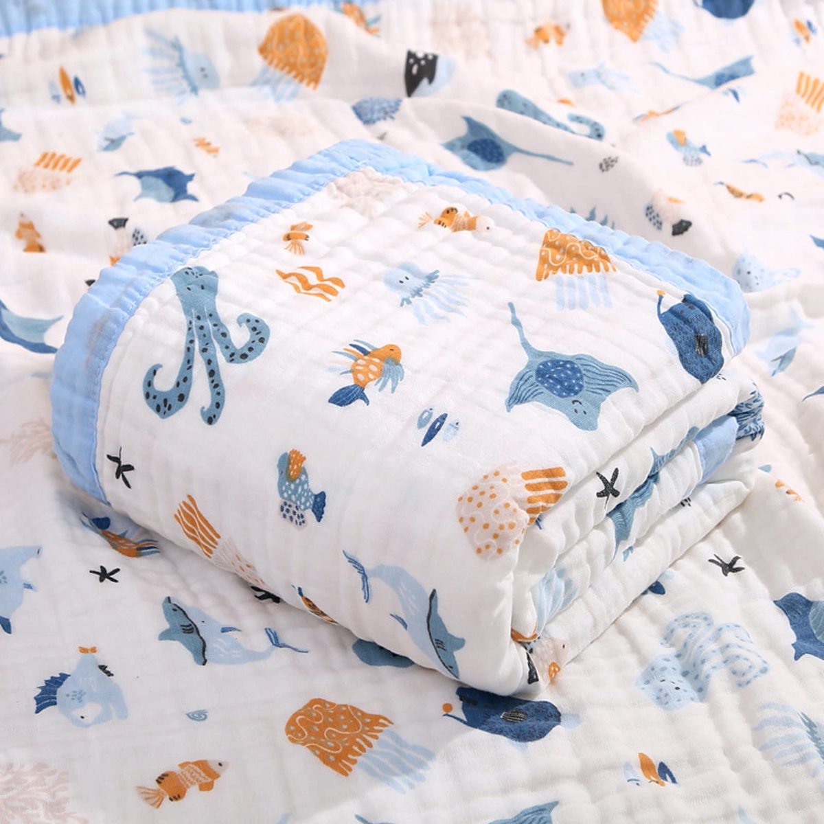 Deken 6-laags knuffeldeken baby katoen 110 x 110 cm mousseline babydeken, wikkeldeken, zachte deken voor badhanddoek, kinderdeken, pasgeborenen, uniseks (blauwe oceaan)