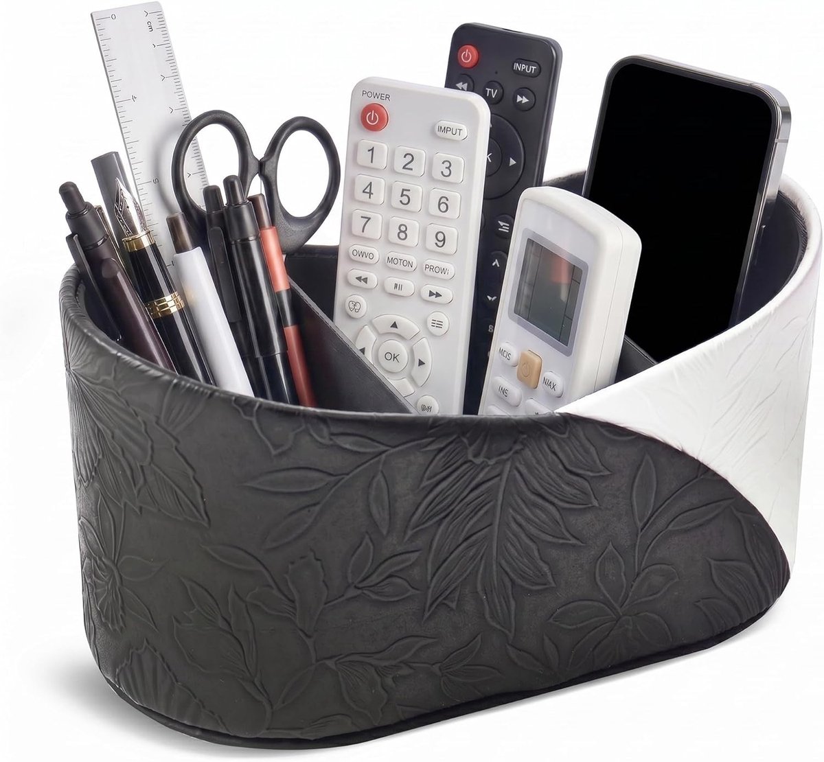 Multifunctionele desktop organizer met 3 compartimenten, afstandsbediening houder en potloodhouder in zwart-wit design